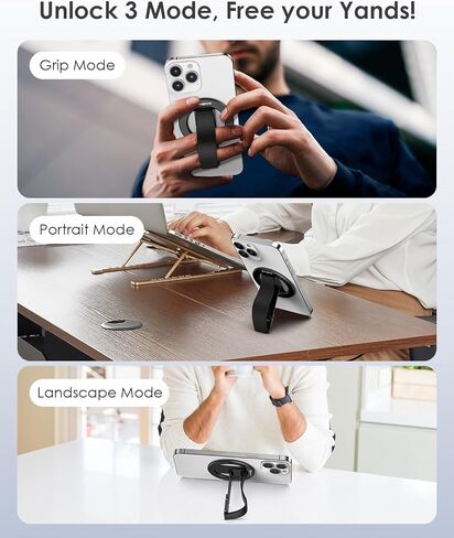 مقبض هاتف مغناطيسي لـ MagSafe مع حزام الإصبع، حامل هاتف مع مسند، حزام حامل هاتف معدني 3 في 1 لليد، متوافق مع سلسلة iPhone 12/13/14/15، أسود in Kuwait