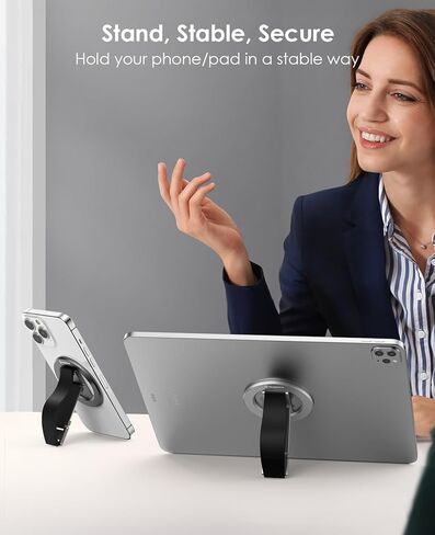 مقبض هاتف مغناطيسي لـ MagSafe مع حزام الإصبع، حامل هاتف مع مسند، حزام حامل هاتف معدني 3 في 1 لليد، متوافق مع سلسلة iPhone 12/13/14/15، أسود in Kuwait