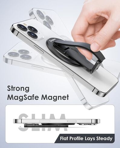 مقبض هاتف مغناطيسي لـ MagSafe مع حزام الإصبع، حامل هاتف مع مسند، حزام حامل هاتف معدني 3 في 1 لليد، متوافق مع سلسلة iPhone 12/13/14/15، أسود in Kuwait