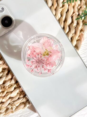 حامل قبضة هاتف على شكل زهور طبيعية مضغوطة، ملحق هاتف خلوي شفاف قابل للطي وقابل للتوسيع، حامل هاتف من الزهور الطبيعية المجففة، دعم الهاتف اللوحي (وردي) in Kuwait