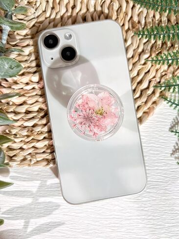 حامل قبضة هاتف على شكل زهور طبيعية مضغوطة، ملحق هاتف خلوي شفاف قابل للطي وقابل للتوسيع، حامل هاتف من الزهور الطبيعية المجففة، دعم الهاتف اللوحي (وردي) in Kuwait