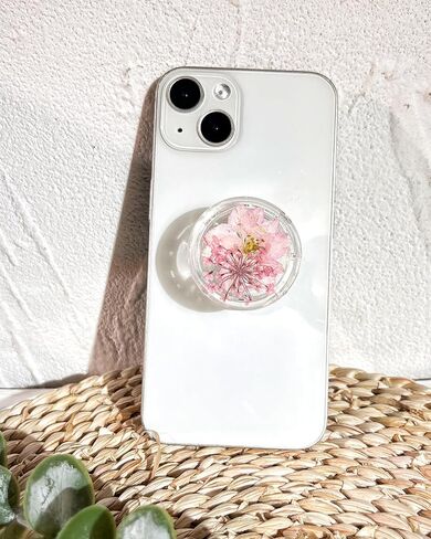 حامل قبضة هاتف على شكل زهور طبيعية مضغوطة، ملحق هاتف خلوي شفاف قابل للطي وقابل للتوسيع، حامل هاتف من الزهور الطبيعية المجففة، دعم الهاتف اللوحي (وردي) in Kuwait