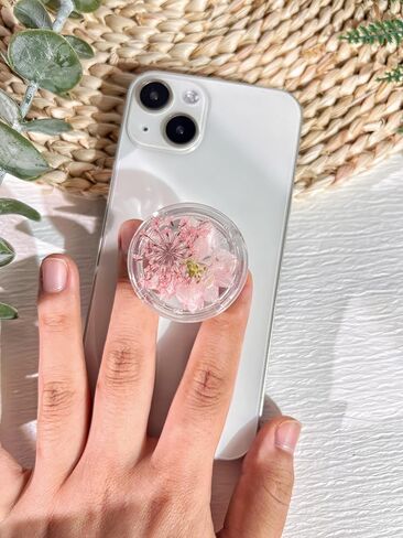 حامل قبضة هاتف على شكل زهور طبيعية مضغوطة، ملحق هاتف خلوي شفاف قابل للطي وقابل للتوسيع، حامل هاتف من الزهور الطبيعية المجففة، دعم الهاتف اللوحي (وردي) in Kuwait