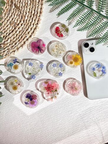 حامل قبضة هاتف على شكل زهور طبيعية مضغوطة، ملحق هاتف خلوي شفاف قابل للطي وقابل للتوسيع، حامل هاتف من الزهور الطبيعية المجففة، دعم الهاتف اللوحي (وردي) in Kuwait