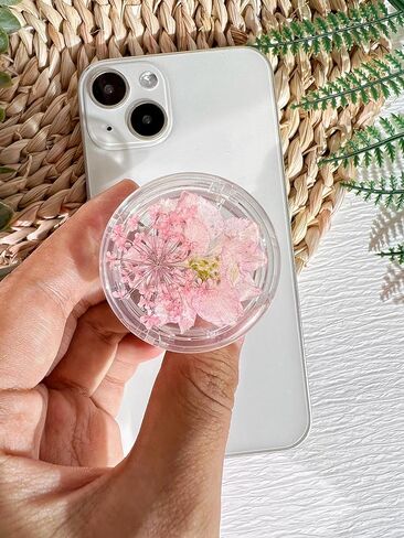 حامل قبضة هاتف على شكل زهور طبيعية مضغوطة، ملحق هاتف خلوي شفاف قابل للطي وقابل للتوسيع، حامل هاتف من الزهور الطبيعية المجففة، دعم الهاتف اللوحي (وردي) in Kuwait