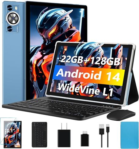 Android 14 Tablet 10.1 Inch 8000mAh Battery Tablets with 22GB RAM 128GB ROM 1TB Expand, Octa-Core HD Touchscreen Tablet with Keyboard, Mouse, Support Widevine L1, Split-Screen - Blue in Saudi Arabia