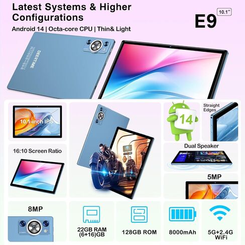 Android 14 Tablet 10.1 Inch 8000mAh Battery Tablets with 22GB RAM 128GB ROM 1TB Expand, Octa-Core HD Touchscreen Tablet with Keyboard, Mouse, Support Widevine L1, Split-Screen - Blue in Saudi Arabia