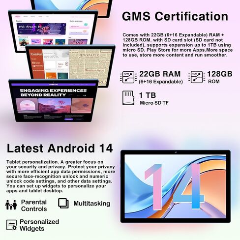 Android 14 Tablet 10.1 Inch 8000mAh Battery Tablets with 22GB RAM 128GB ROM 1TB Expand, Octa-Core HD Touchscreen Tablet with Keyboard, Mouse, Support Widevine L1, Split-Screen - Blue in Saudi Arabia