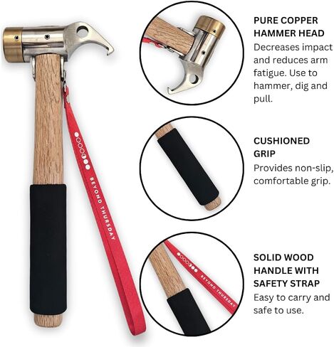 Heavy Duty Tent Stake Hammer & Puller Steel Head & Solid Wood Handle with Cushion Grip - Safety Strap, Copper in Saudi Arabia