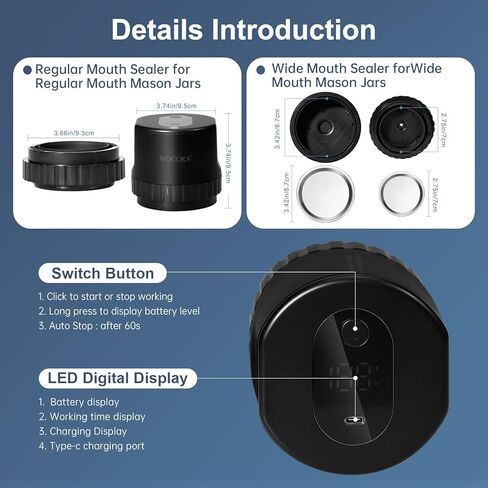 وعاء تفريغ الهواء من ميسون - مجموعة سدادة مكنسة كهربائية من ميسون مع أغطية ماسون واسعة ومنتظمة للفم، سدادة تفريغ للبرطمانات لتعليب الجرار، آلة إغلاق بالتفريغ لتخزين الطعام. (أسود) in Kuwait