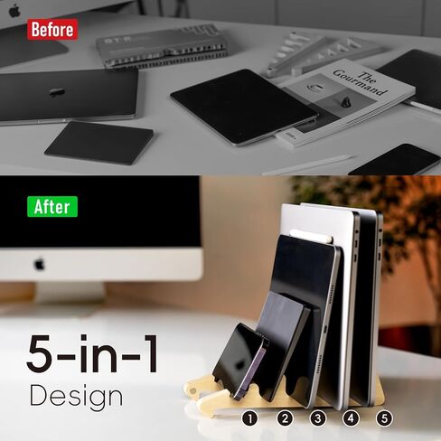 حامل كمبيوتر محمول عمودي بتصميم 5 في 1، حامل كمبيوتر محمول خشبي ومنظم كمبيوتر محمول لحامل الكمبيوتر المكتبي للتبريد، حامل محمول مريح متوافق مع جهاز MacBook iPad in Saudi Arabia