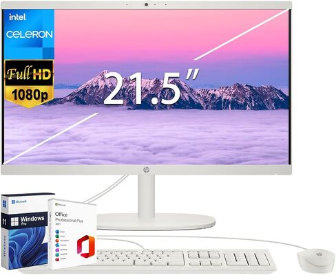 HP All-in-One Desktop, 21.5" FHD Display, Intel Celeron J4025, Intel UHD Graphics, 16 GB RAM, 512 GB SSD, True Vision Camera, WiFi 6, Windows 11 Pro, Microsoft Office Lifetime License, Designed Mouse in Saudi Arabia
