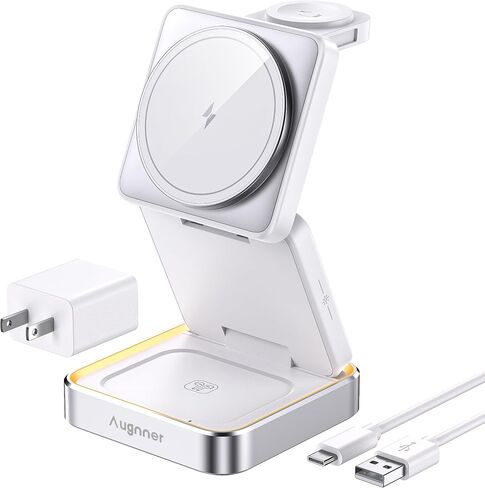 2024 Upgraded Wireless Charger 3 in 1, Foldable Wireless Charging Station with Light for Apple MagSafe Charger, Travel Magnetic Charger Compatible with iPhone 15/14/13/12 Series Apple Watch AirPods in Kuwait