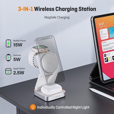 2024 Upgraded Wireless Charger 3 in 1, Foldable Wireless Charging Station with Light for Apple MagSafe Charger, Travel Magnetic Charger Compatible with iPhone 15/14/13/12 Series Apple Watch AirPods in Kuwait