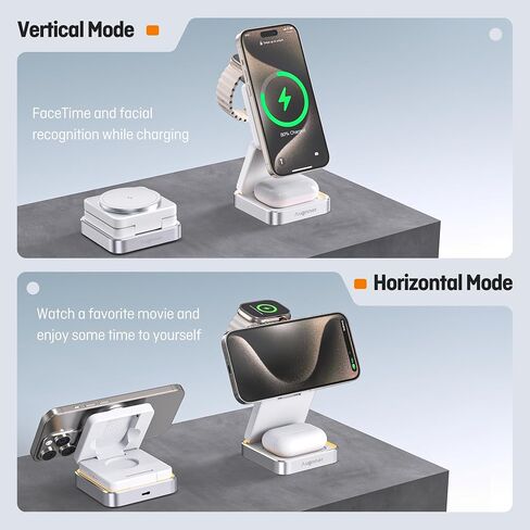 2024 Upgraded Wireless Charger 3 in 1, Foldable Wireless Charging Station with Light for Apple MagSafe Charger, Travel Magnetic Charger Compatible with iPhone 15/14/13/12 Series Apple Watch AirPods in Kuwait