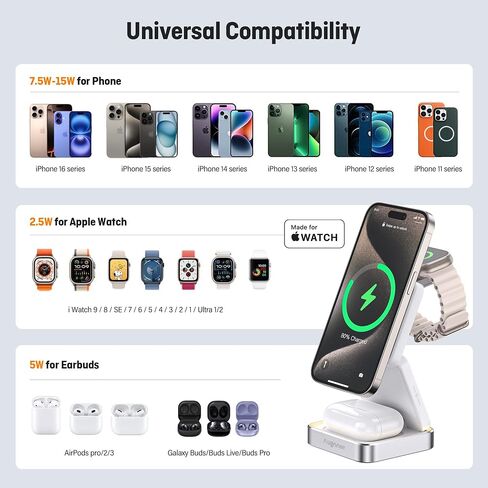 2024 Upgraded Wireless Charger 3 in 1, Foldable Wireless Charging Station with Light for Apple MagSafe Charger, Travel Magnetic Charger Compatible with iPhone 15/14/13/12 Series Apple Watch AirPods in Kuwait