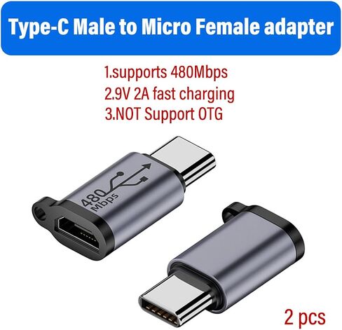 2 Pack Type-C Male to Micro USB Female Adapter，Micro USB to USB C Adapter 9v 2A Fast Charging， Supports 480Mbps Data Transfer Speed (Type-C Male to Micro USB Female) in Kuwait