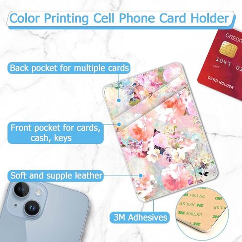 Leather Phone Card Holder Phone Wallet, Stick Back Phone Wallet Sticker Stylish Phone Case Credit Card Holder, Suitable for iPhone, Samsung, Android and Most Smart Phones.Pink Flowers in Kuwait