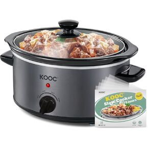 KOOC 4 Quart Slow Cooker, Free Liners Included for Easy Clean-up, 3 Temperature Settings, Dishwasher Safe Crock, Stainless Steel, RED, Ellipse