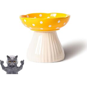 Mushroom Cat Bowl,Whisker Fatigue Cat Bowl,Cute Cat Bowls,Elevated Cat Food Bowl, Lead & Cadmium Free Ceramic Cat Bowls for Food and Water. (Red+Yellow)