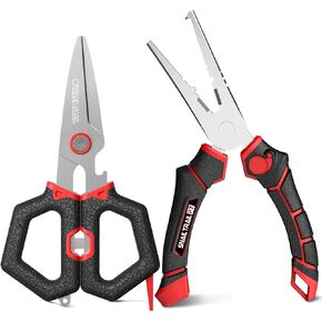 7" Fishing Pliers & 6" Scissors Kit, Saltwater Hook Remover Tool Set, Serrated Blades Braided Line Cutter, Needle Nose Split Ring Fish Gear, Crimping Nipper for Fly, Fishing Gifts for Men