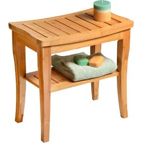 Bamboo Shower Stool Bench - Waterproof with Storage Shelf for Shaving Legs or Spa Bath Seat in Bathroom & Inside Shower for Adults Seniors Elderly (Black)