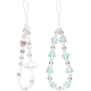 2pcs Beaded Phone Bracelet Strap, Fashionable Beaded Cell Phone Lanyard with Flower & Heart Shape Cute Phone Chain Wristlet Phone Charm Strap for Women