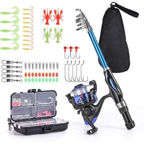 Fishing Rod Reel Combo Full Kit 1.5m Telescopic Fishing Rod Reel Set with Hooks Soft Lures Barrel Swivels Storage Bag