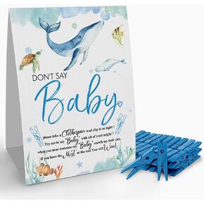 Don't Say Baby Clothespin Game Sign (1 Sign + 50 Mini Clothespins), It's a Boy Blue Ocean Baby Shower Game, Baby Shower Decoration Set ﻿