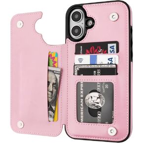 Compatible with iPhone 16 Wallet Case with Card Holder, PU Leather Kickstand Card Slots Case, Double Magnetic Clasp and Durable Shockproof Cover 6.1 Inch (Black)