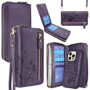 Lacass for iPhone 16 Pro 6.3 Inch 2024 Wallet Case, Crossbody Dual Zipper Detachable Magnetic Leather Wallet Case Cover Wristlets Wrist Strap 13 Card Slots Money Pocket(Floral Wine Red)