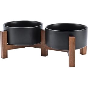 SPUNKYJUNKY Ceramic Dog Bowls with Acacia Wood Stand - Raised Dog Food and Water Bowl Set for Small to Medium Dogs (13.52 OZ, White)