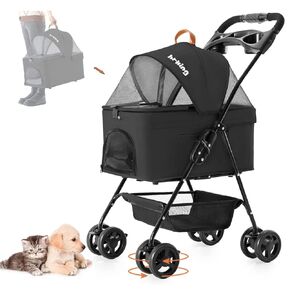 3-in-1 Pet Stroller for Small Dogs and Cats, Folding Lightweight Dog Stroller with Detachable Carrier Portable Cat Puppy Jogging Stroller with Cup Holder and Storage Basket, 4 Wheels
