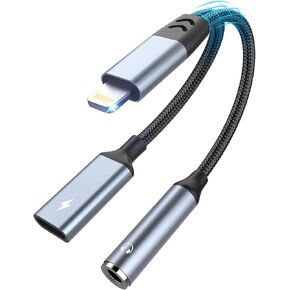 Opluz iPhone Headphone Adapter and Lightning Charger Cable, 2-in-1 Lightning to Aux Audio Jack Dongle Cable & Lightning Charger Dongle Splitter, Compatible with iPhone 14/13/12/11/XS/XR/X/8/7/6