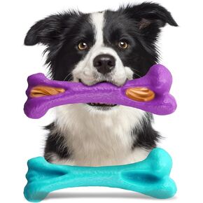 Mitzifuzz Tough Dog Toys for Aggressive Chewers, Interactive Dog Toys to Keep Them Busy, Dog Chew Toys Long Lasting for Large/Medium/Small Dogs, for Teeth Cleaning, Bacon Flavor(2pcs, Purple+Cyan)