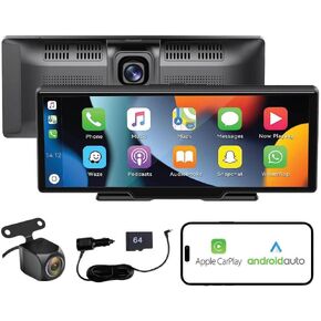 BlackboxMyCar Android Auto S-Drive 10.26" and Apple CarPlay Display with 1080p Front Dashcam, 1080p Backup Camera for Car, Bluetooth, AUX, FM, Mirror Link, 64GB microSD Card Included