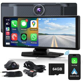 10.26''CarPlay Screen for Car, Portable Car Stereo with CarPlay & Android Auto, 4K Front Dash Cam &1080P Rear Camera with GPS Navigation, Mirror Link, Loop Recording, Voice Control etc