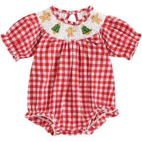 Toddler Baby Girl Halloween Outfits Pumpkin Print Plaid Short Puff Sleeve Smocked Romper Cotton Linen Bodysuit
