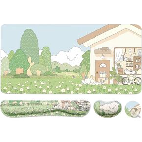 Large Mouse Pad Set, Cute Extended Mouse Pad+Keyboard Wrist Rest Support Desk Pad Memory Foam Ergonomic Easy Typing, 35.4×15.7 in Desk Mat Set for Home Office Study Game - Green Cartoon