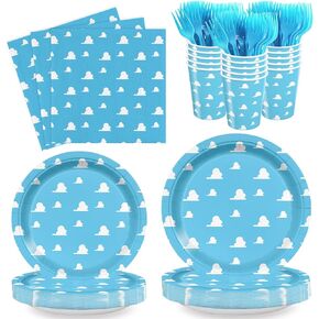 120 Pcs Blue Sky Paper Plates Birthday Party Tableware Set White Cloud Napkins Forks Cartoon Story Party Decorations for 24 Guestes