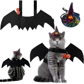 Pet Cat Bat Wings Halloween Pumpkin Spider Wizard Witch Hat Costume Suit Small Dogs Puppies Bat Dress Wear with Pumpkin Bells for Halloween Party Kitten Puppy Outfits Cosplay Dress Up Accessories