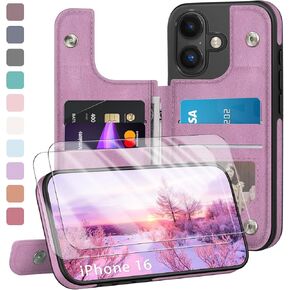 Compatible with iPhone 16 Case Wallet, Card Holder Case with [2 Screen Protectors] Folio Cover with [RFID Blocking Leather] Shockproof Women Men Cases 6.1" for Apple 16 Light Brown