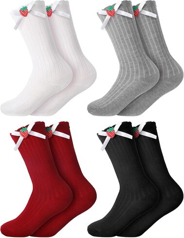 4 Pairs Double Ruffle Lace Trim Cotton Socks Frilly Dress Socks Stylish Candy Colored Girls Lace Socks for Kids (7-12 Years) in Kuwait