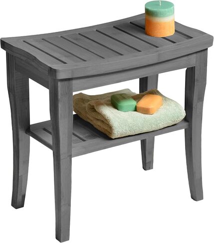 Bamboo Shower Stool Bench - Waterproof with Storage Shelf for Shaving Legs or Spa Bath Seat in Bathroom & Inside Shower for Adults Seniors Elderly (Black) in Saudi Arabia