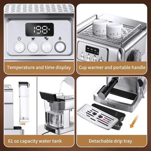 ماكينة اسبريسو 20 بار، ماكينة صنع الاسبريسو الاحترافية للكابتشينو مع رغوة الحليب بالبخار، ماكينة قهوة اسبريسو من الفولاذ المقاوم للصدأ مع خزان مياه قابل للإزالة 61oz، للمكتب المنزلي والأب والأم in Kuwait