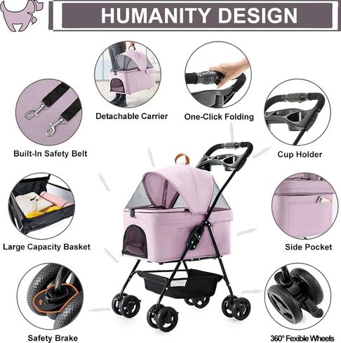 Pet Stroller with Detachable Carrier for Small Dogs&Cats, Pink Gray in Saudi Arabia
