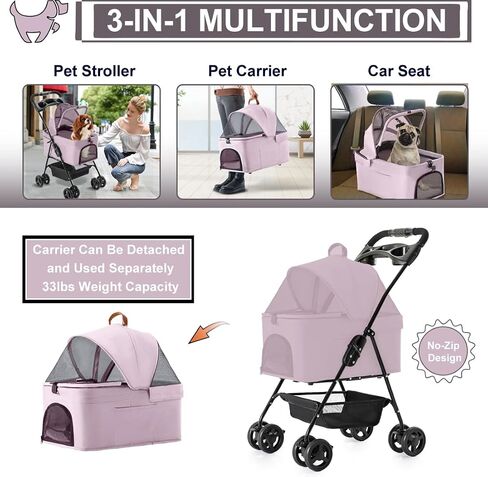 Pet Stroller with Detachable Carrier for Small Dogs&Cats, Pink Gray in Saudi Arabia