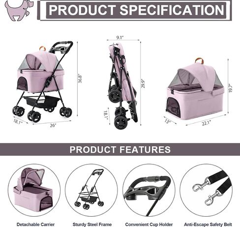 Pet Stroller with Detachable Carrier for Small Dogs&Cats, Pink Gray in Saudi Arabia