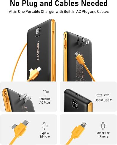 Portable Charger Power Bank Built in Cables and Wall Plug, 10000mAh iPhone Battery Pack Fast Charging, USB C External Slim Power Bank, Travel Essentials Compatible with iPhone 16 15 14 13 Samsung iPad in Saudi Arabia