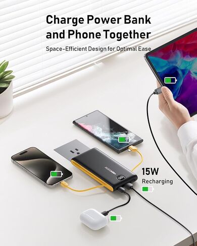 شاحن محمول باور بانك مدمج بالكابلات ومقبس حائط، حزمة بطارية iPhone 10000 مللي أمبير في الساعة شحن سريع، بنك طاقة خارجي USB C نحيف، أساسيات السفر متوافقة مع iPhone 16 15 14 13 Samsung iPad in Kuwait